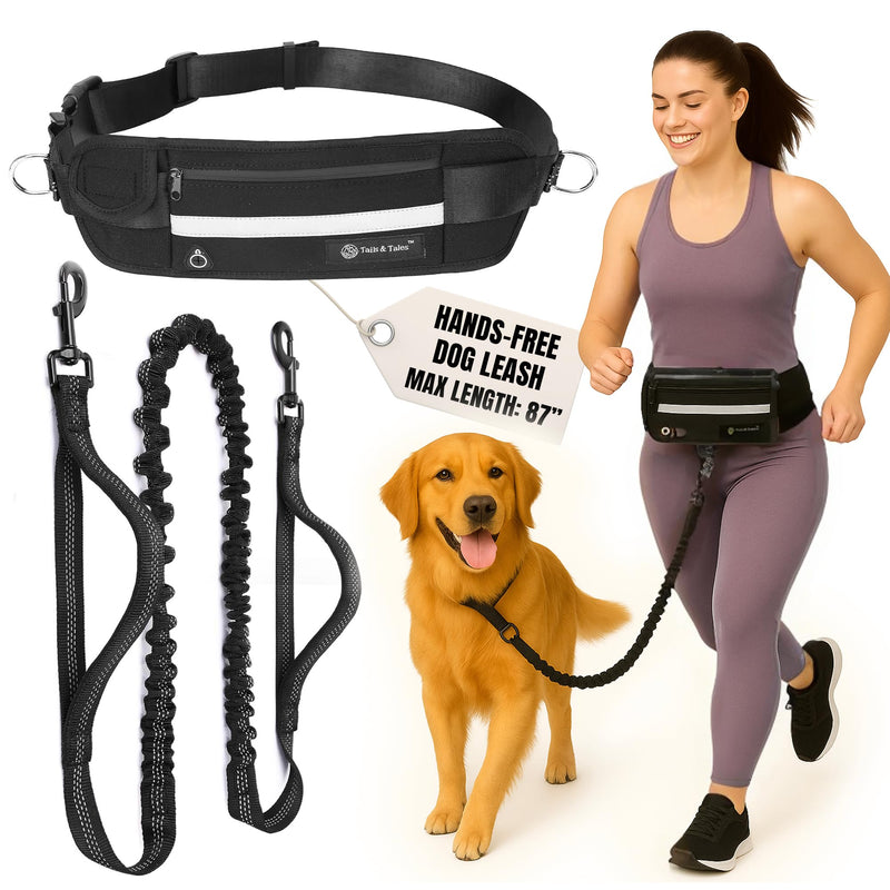 Tails & Tales Hands Free Waist Leash for Dog Walking Running Hiking with Zipper Pouch, Adjustable Belt, Dual Padded Handles, Reflective Bungee Design for Small to Large 100lb Dogs (Black) Black - PawsPlanet Australia