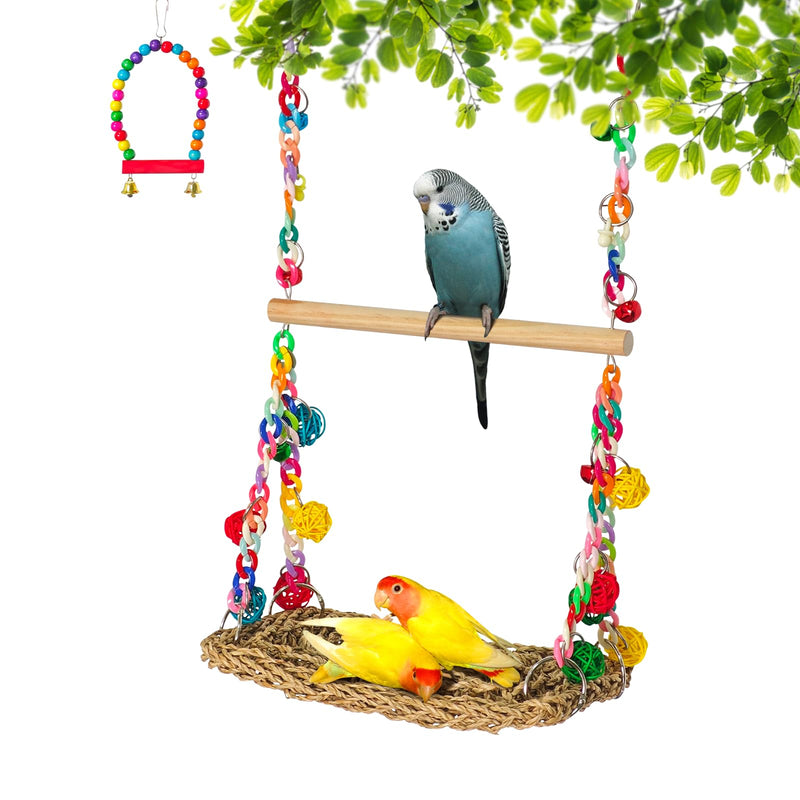 Natural Bird Swing Toys with Wood Perch,Double Layer Bird Seagrass Woven Climbing Hammock with Chewable Perch Stand Chewing Toy for Parakeets,Budgies,Conures,Cockatiels,Lovebirds - PawsPlanet Australia