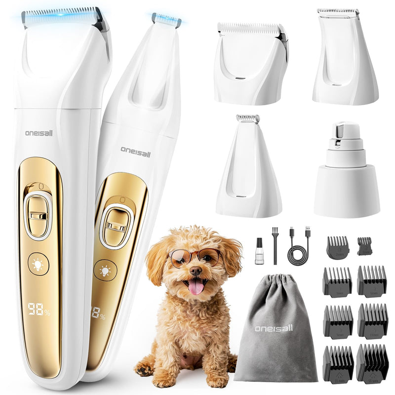 oneisall Quiet Dog Grooming Kit 4 in 1, LED Light Dog Nail Grinder, 2000mAh Pet Grooming Clippers Paw Trimmer for Paw, Nail, Face, Ears, Legs, Body with Storage Bag Gold
