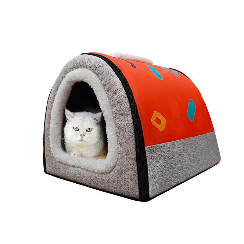 Cat Bed or Dog Bed,2 Ways to Use,Indoor Pet House with Fluffy Mat,Removable and Washable Cover,Splash-Proof House and Non-Slip Bottom,for Cats and Small Dogs(S Orange & Gray) S(Pets up to 5.5 lbs) - PawsPlanet Australia