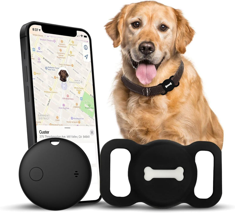 Smart Pet Tracker, Dog Tracker with Black Collar Holder, Smart Tag for Seamless Location Tracking, MFi Certificated, No Monthly Fee, Work with Find My, No GPS Tracker, iOS Only (Black) Round Modern - PawsPlanet Australia