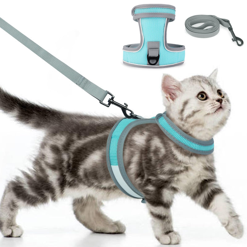 Cat Harness and Leash Set, Escape Proof Adjustable Kittens Vest with Reflective Strip, Easy to Wear for Cats Walking and Traveling, Soft Mesh Kitten Harness for Small Medium Large Cats L Blue - PawsPlanet Australia