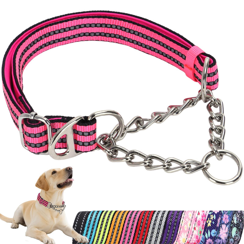 Reflective Martingale Dog Collar with Chain,No-Pull Dog Collar,Choke Dog Collar for Medium to Extra Large Dogs for Training, Walking, Hunting (Pink M) P Medium (12"-17")