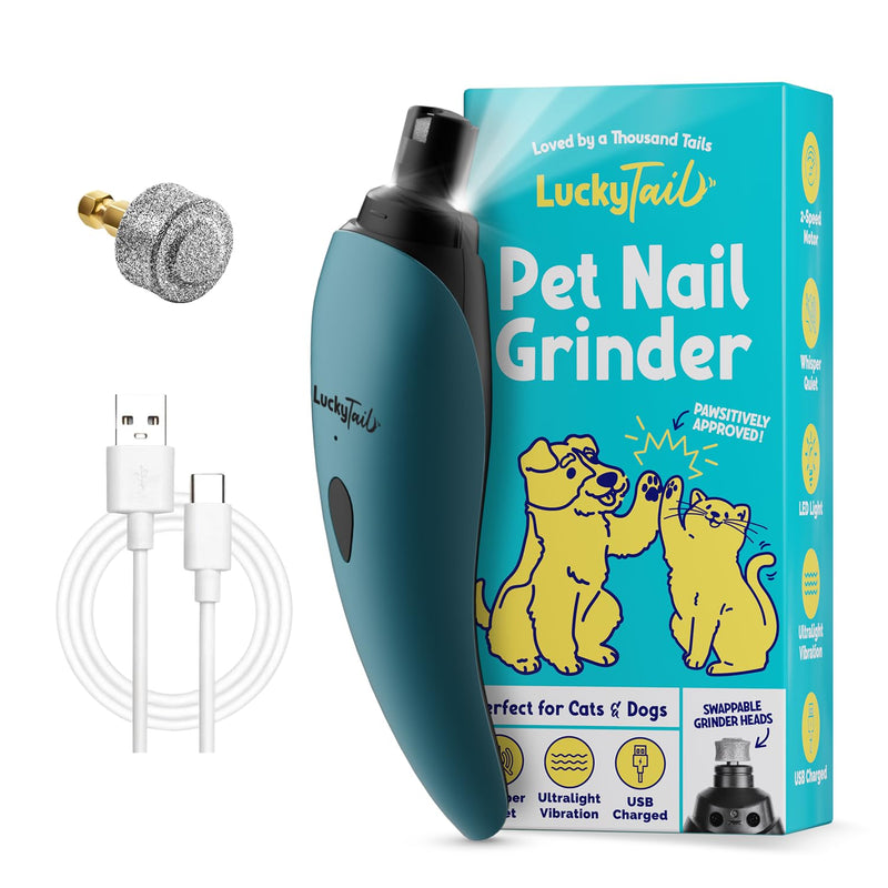 LuckyTail Pet Nail Grinder for Dogs and Cats - Super Quiet and Low Vibration Electric Dog Nail Grinder with 2 LED Lights - USB Rechargeable and Cordless - 2 Speeds - Small to Large Pets - Teal - PawsPlanet Australia