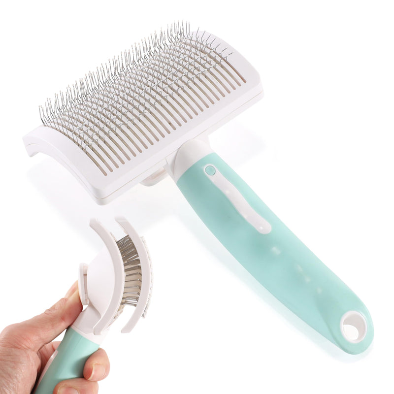 Dog Self-Cleaning Slicker Brush with One Button Fur Removal and Coated Tips Deshedding Brush for Long Hair Dogs and Cats for Shedding Massaging Grooming Green With Coated Tips - PawsPlanet Australia