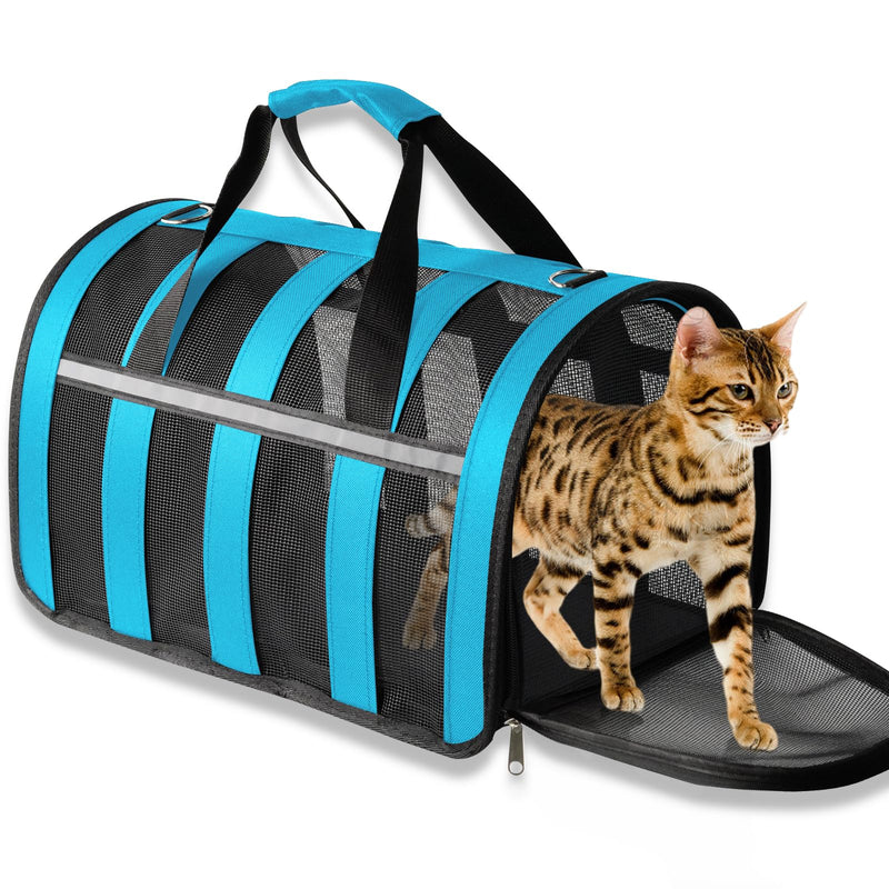 Airline Approved Cat Carrier for Small & Medium Pets up to 15 Lbs, Soft-Sided Collapsible Travel Carrier with Breathable Mesh, Lightweight & Portable Design Blue 16.4''Lx10.3''Wx9.4''H - PawsPlanet Australia