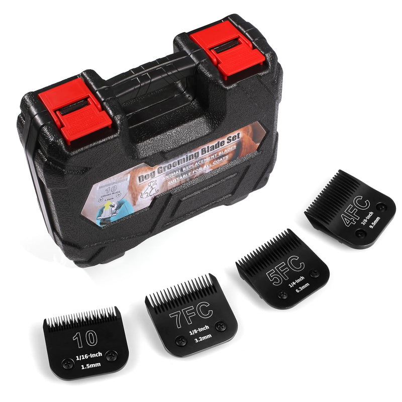4 Pack Detachable Dog Grooming Steel Blades with Blade case Holder,Compatible with Andis,Oster A5,Wahl KM-10 Series,Cutting Length 1/16" to 3/8"(10+7FC+5FC+4FC-Black) 10+7FC+5FC+4FC-black(4 PACK)