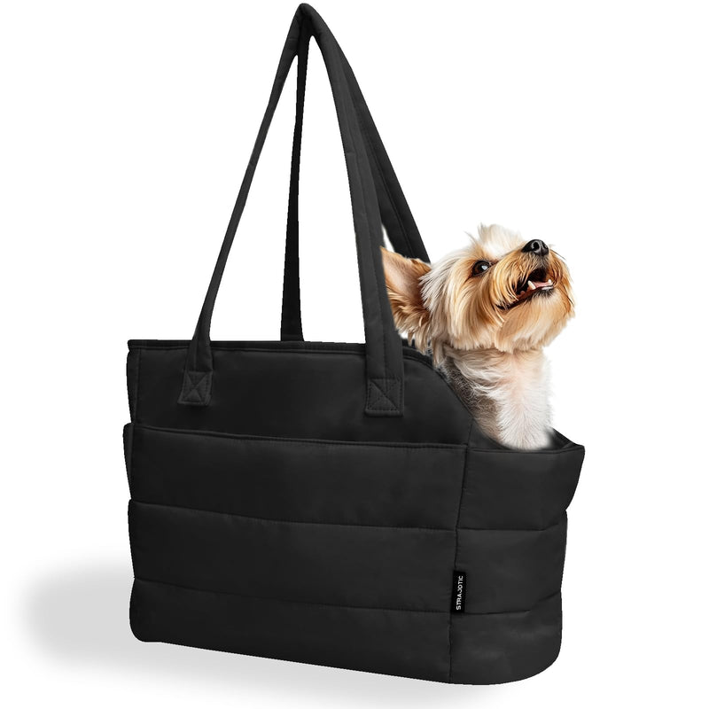Lightweight Dog Purse Carrier for Small Dogs Under 15 lbs, Puffy Quilted Pet Carrier Tote for Puppies with Safety Leash Clip, Women's Hands-Free Dog Carrier Bag for Travel/Shopping (Black) Black