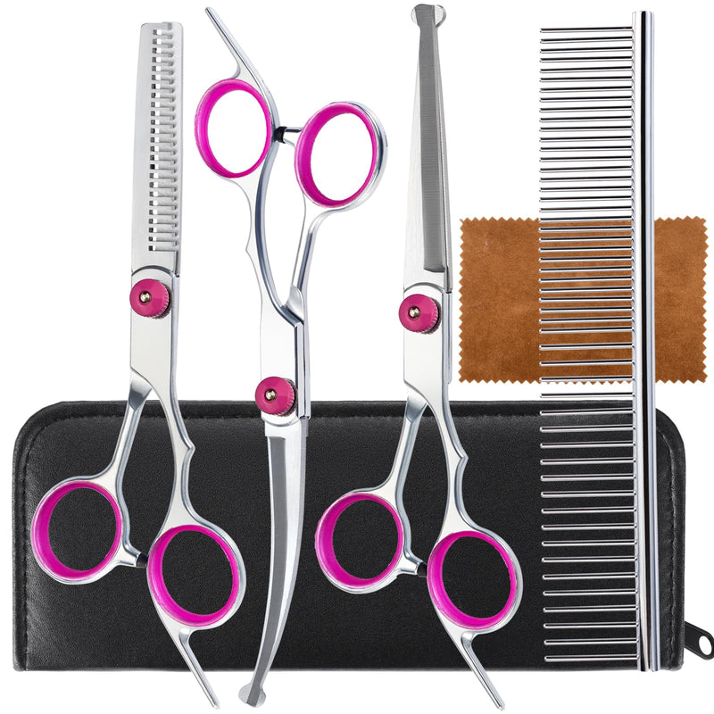 5 in 1 Premium Dog Grooming Scissors, Professional Dog Scissors for Grooming with Safety Round Tips, Lengnoyp Stainless Steel Thinning Shears, Pet Cat Shears for Grooming Kit, Pink Black - PawsPlanet Australia