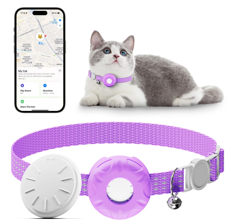 Cat Tracker, Waterproof Pet Tracker for Cats, Cat GPS Tracker Collar with Safety Elastic Buckle, Compatible with Apple Find My App (Only iOS), No Monthly Fee, Purple - PawsPlanet Australia