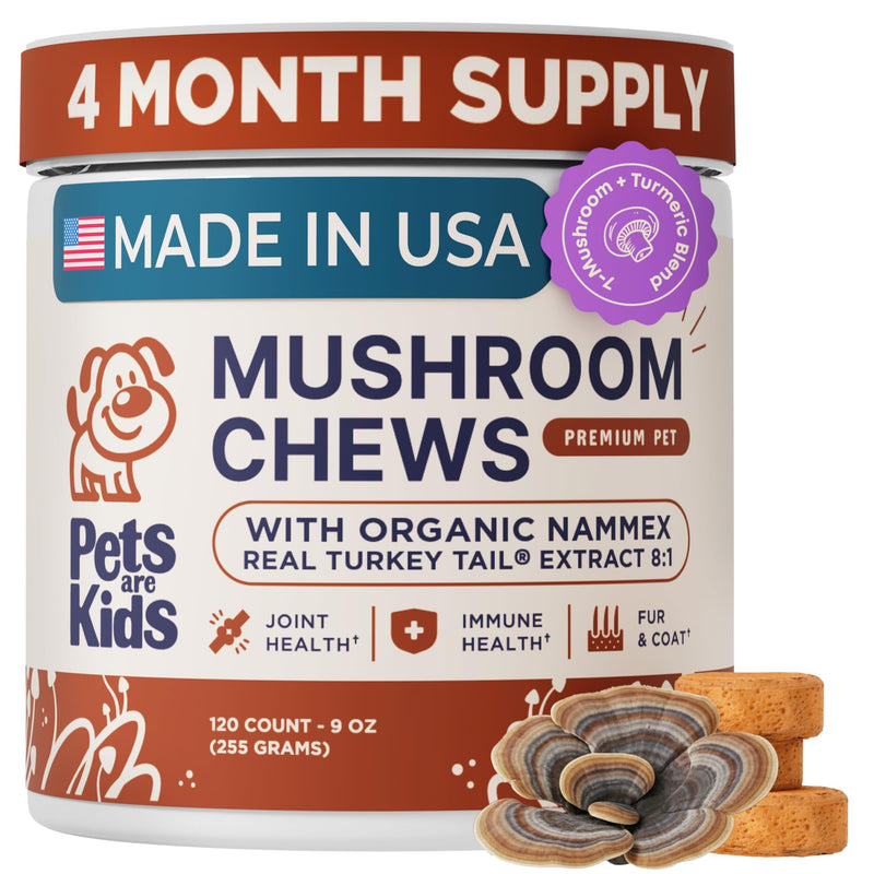 Pets are Kids Turkey Tail Mushroom for Dogs with Organic Real Turkey Tail™ - 8:1 Extract Mushroom Chews for Lumps & Bumps, Immunity, Gut, Skin, Joint & Spine Support - Reishi, Lion’s Mane - 120 Chews - PawsPlanet Australia