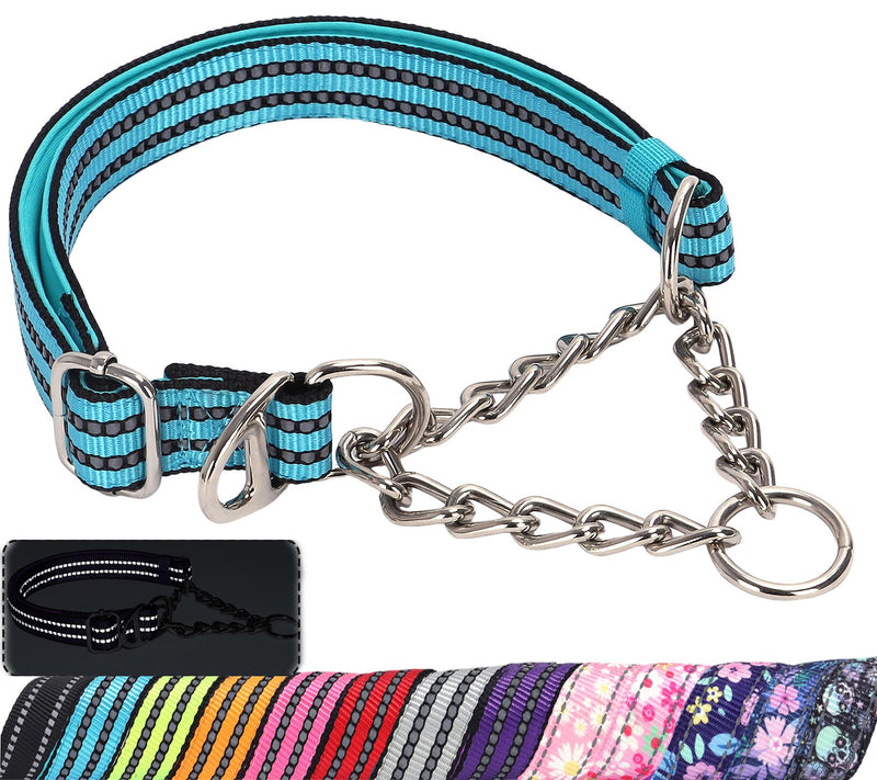 Reflective Martingale Collar for Dogs with Steel Chain, Adjustable No Pull Dog Training with Soft Padded for Large Breed Dogs, Medium, XL, XXL Walking Collar (Blue L) B L(Neck15"-22")