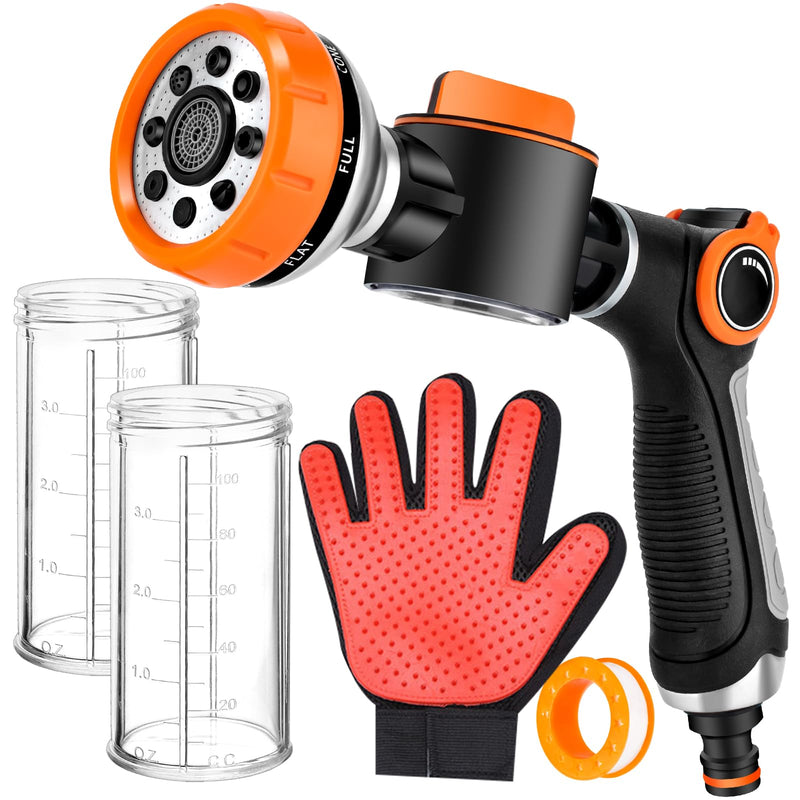 Upgrade Dog Washing Hose Attachment with Replacement Soap Bottle, 8 Spray Patterns Dog Wash Hose Attachment with Dog Washing Gloves, Suitable for Watering Plant, Patio, Cleaning, Showering Pet Orange-2 - PawsPlanet Australia