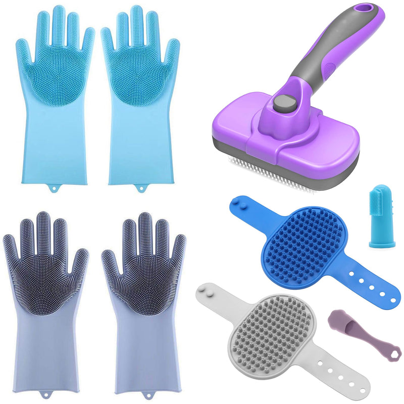 Dog Grooming Gloves and Brush Set - Dog Washing Gloves | Self-Cleaning Slicker Brush| Dog Bath Brush| Grooming kits for Nose and Teeth (7 pcs) - PawsPlanet Australia