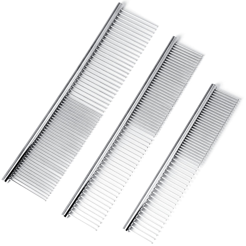 [3 Pack] Stainless Steel Pet Comb Set – Grooming Combs for Dogs & Cats, Large Medium Small Sizes – for Long, Short, Curly Hair, Detangling Matted or Knotted Undercoat Hair - PawsPlanet Australia