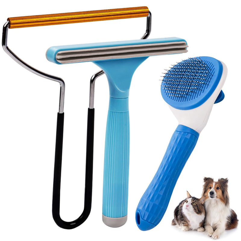 3 in 1 Analan Cat Brush Pet Hair Remover for Dog & Cat, Self-Cleaning Slicker Brush for Pet Grooming, Perfect Pet Hair Removal Tool for Furniture Carpets Couches and Bedding (Sky Blue) Sky Blue - PawsPlanet Australia