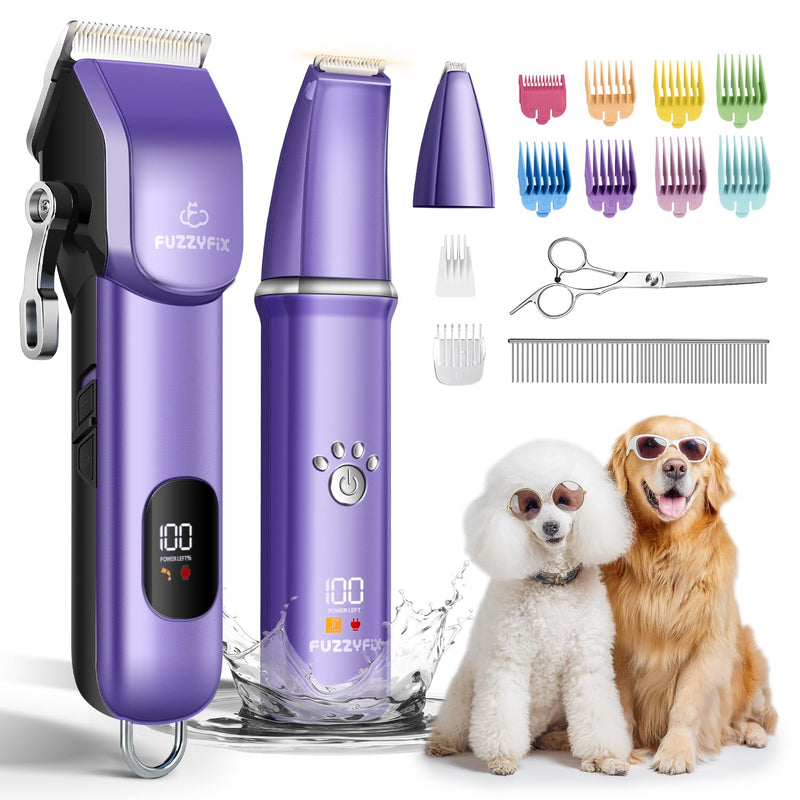 Dog Grooming Kit, Dog Clippers for Grooming for Thick Curly Coats, Professional Pet Hair Shaver Paw Trimmer Cordless Rechargeable Low Noise for Dogs Cats Animals Face Ear Purple