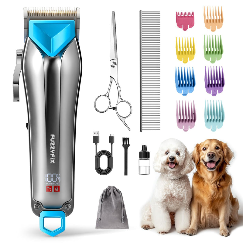 Dog Clippers for Grooming with Detachable Blade for Thick Coats, Cordless Rechargeable Low Noise Professional Pet Grooming Hair Trimmer Shaver Kit with 8 Guide Combs for Dogs Cats Animals Silver&blue - PawsPlanet Australia