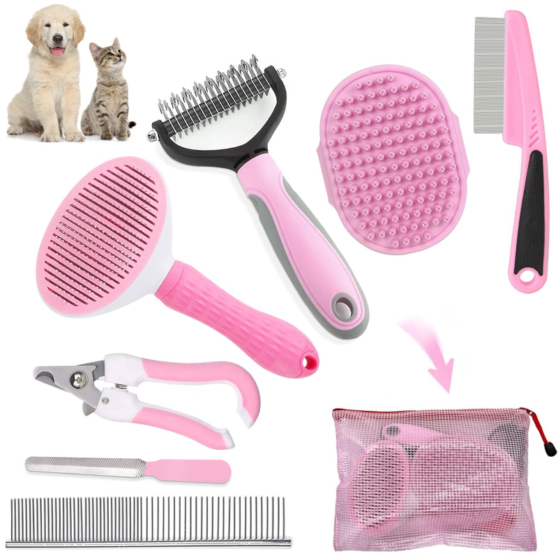 Dog Brush Dog Grooming Kit 7PCS Dogs Brush for Shedding-Dogs Brushes for Grooming, Dematting Comb, Cat Nail Clipper with Nail File, Flea Comb, Pet Comb, Bath Brush-Pink Pink 7Pcs+Bag - PawsPlanet Australia