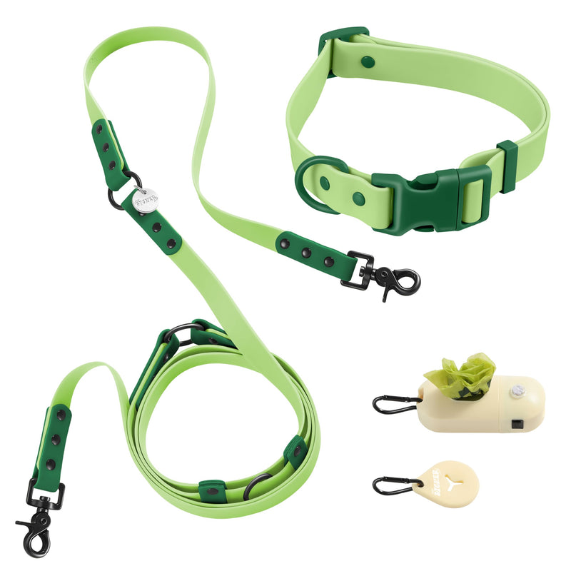 WLK1006B-5SET Luna Large 8FT Adjustable 6-in-1 Waterproof Hands-Free Leash and Collar with LED Flashlight, Bag Dispenser, and Poop Bag Holder, Mojito Light Green/Dark Green Large (Up to 80 lbs) - PawsPlanet Australia