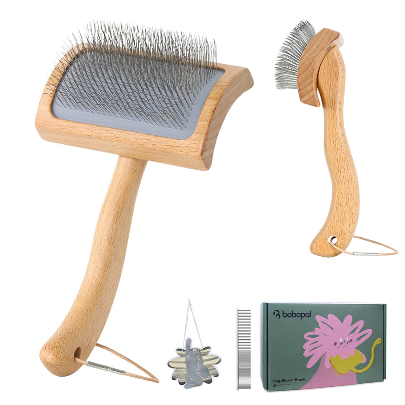 Dog Slicker Brush for Shedding,Dog Brush for Long Haired Dogs & Remove Tangles & Mats,Ergonomic Handle Grooming Like Professional,Beech Wood,M M