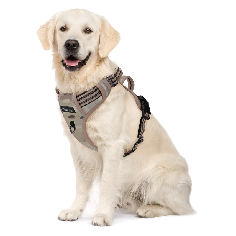 Funfox Dog Harness No Pull, Adjustable Pet Vest Harness, Super Soft Material with Vertical Handle Easy Control, Reflective Night Walking, 2 Leash Clips for Large Dogs, Camo Brown, L - PawsPlanet Australia
