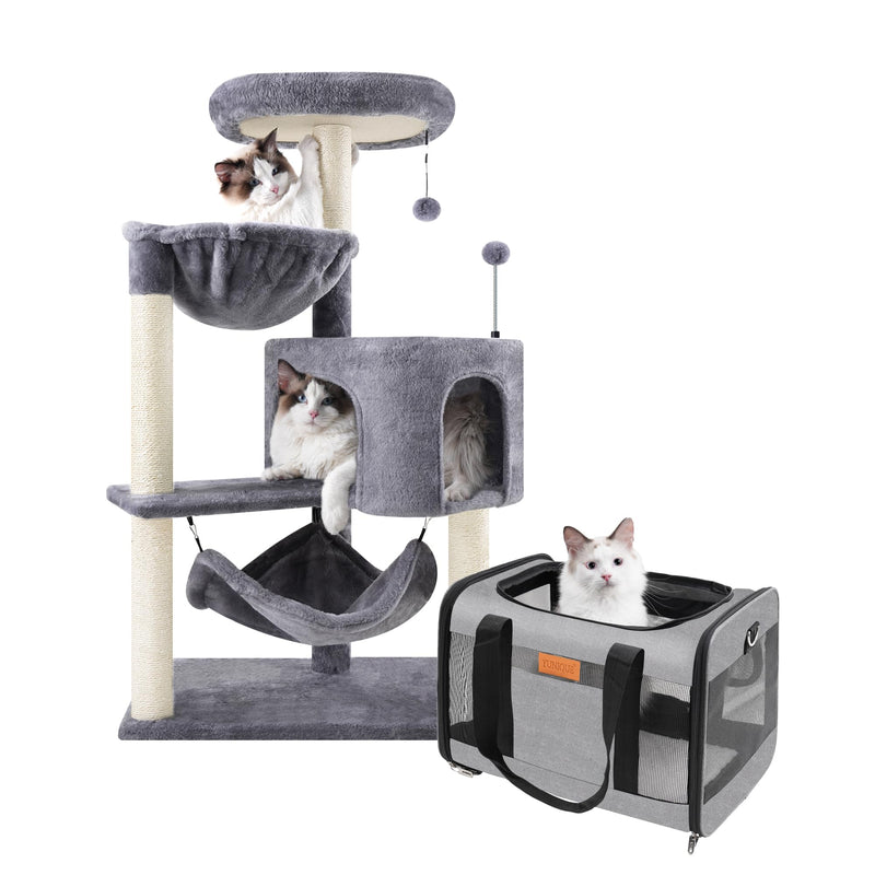 YUNIQUE Cat Tree with Cat Condo and Big Hammock, Grey with Soft-Sided Cat & Dog Carrier - PawsPlanet Australia