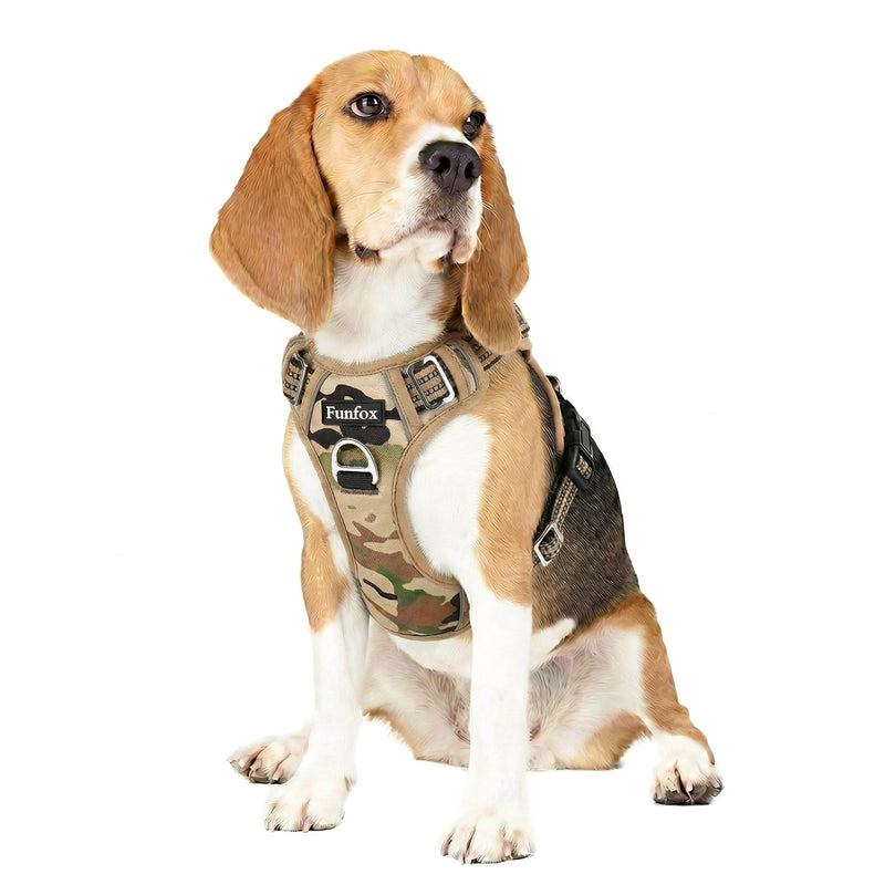 Funfox Dog Harness No Pull, Adjustable Pet Vest Harness, Super Soft Material with Vertical Handle Easy Control, Reflective Night Walking, 2 Leash Clips for Medium Sized Dogs, Camo Brown, M - PawsPlanet Australia