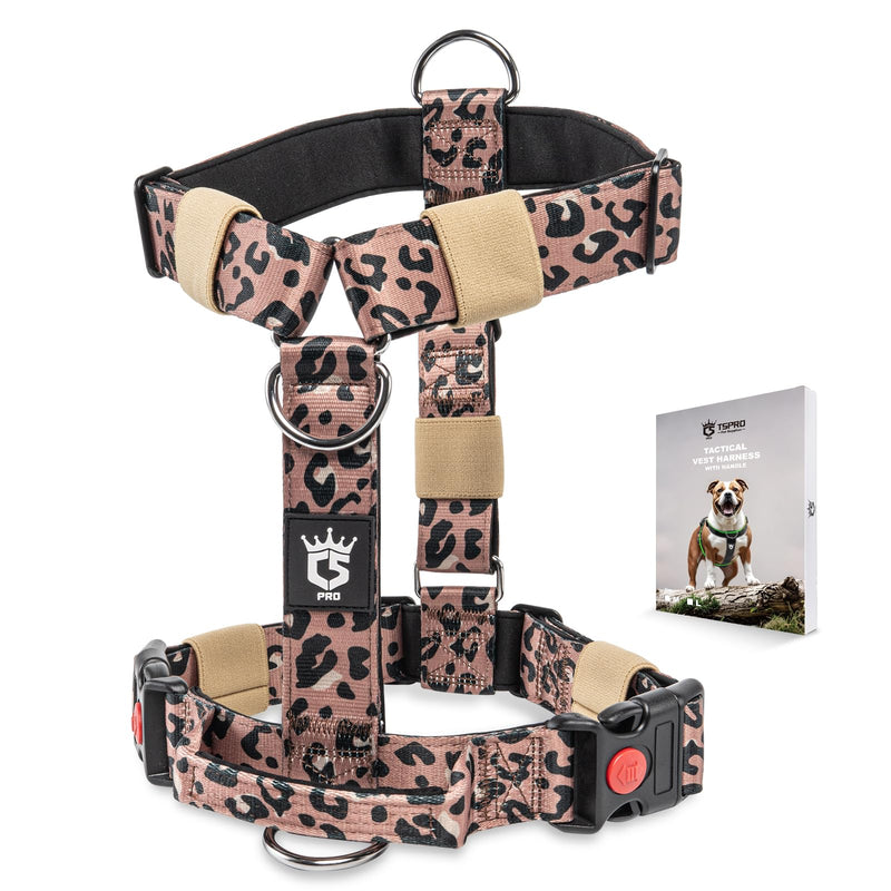 TSPRO Heavy Duty Premium Tactical Dog Harness for Large Dogs, No Pull, Adjustable Fit, Quick-Release Buckle, Padded Handle, Perfect for Hiking, Walking, Running & Training (Leopard Print L 25) L (Neck 21.3 - 34.6", Chest 26 - 33") Leopard Print - PawsPlanet Australia