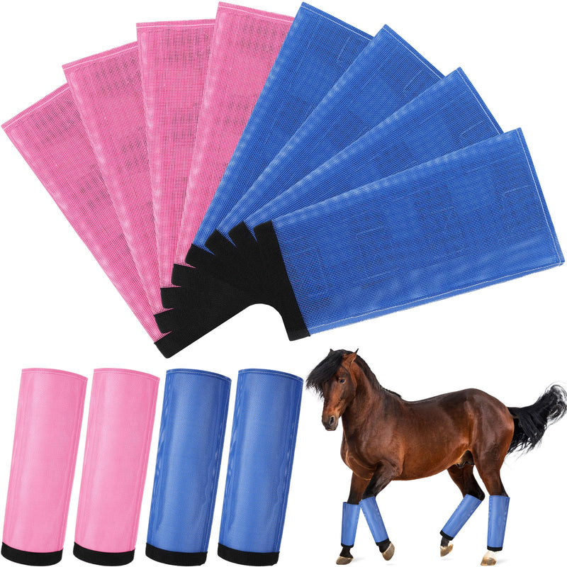 Set of 8 Mesh Fly Boots for Horse Breathable Mesh Horse Boots Protective Loose Wraps Adjustable for Preventing Legs Reduces Flies and Mosquitoes Bites(Blue, Pink,S) S Blue, Pink