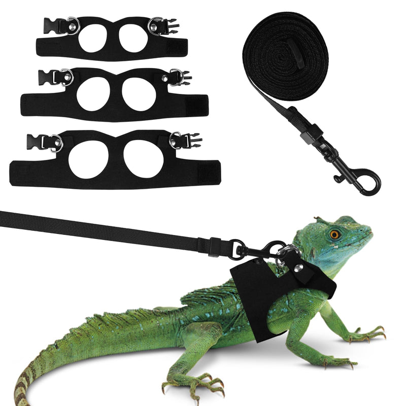 Bearded Dragon Harness Leash Set 3 Size Adjustable Lizards Training Walking Leather Vest Escape-Proof Traction Rope for Outdoor Small Reptiles Animal Squirrels (Black) Black - PawsPlanet Australia