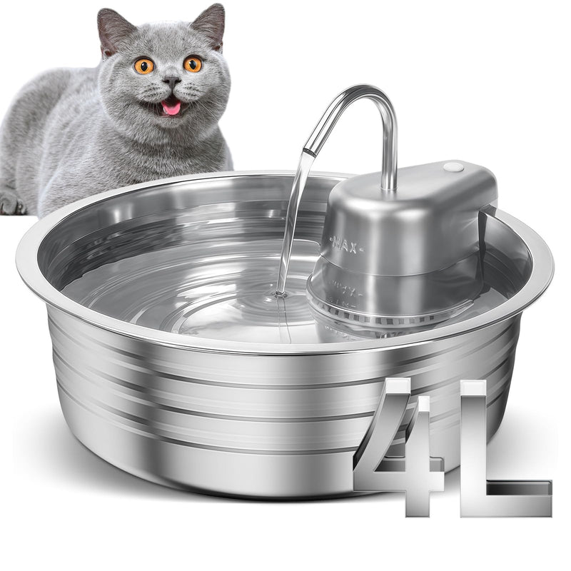 Cat Water Fountain, 4L/135OZ Stainless Steel Pet Fountain Dog Water Dispenser Bowl Cat Drinking Fountains Watering Supplies with Ultra-Quiet Pump for Cats, Dogs, Multiple Pets Indoor - PawsPlanet Australia