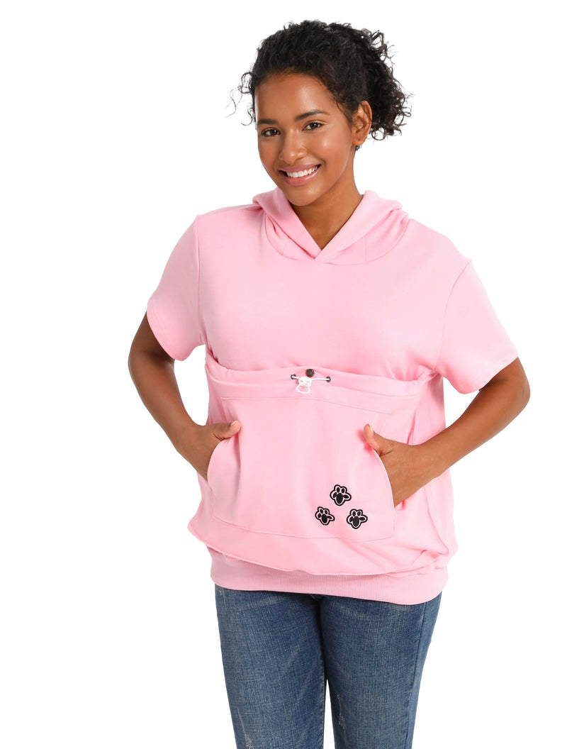 Cat Pouch Shirt Short Sleeve Kitten Puppy Holder Thin Hoodies Pet Carrier Sweatshirt for Women Pink Large - PawsPlanet Australia