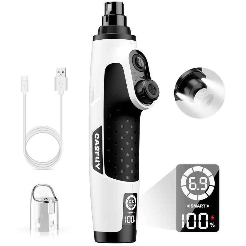 Casfuy Smart 6-Speed Dog Nail Grinder - 50% More Power Pet Nail Grinder with 2 LED Lights Quiet Rechargeable Electric Dog Nail Trimmers File Toenail Grinder for Large Medium Small Dogs & Cats (White) White - PawsPlanet Australia