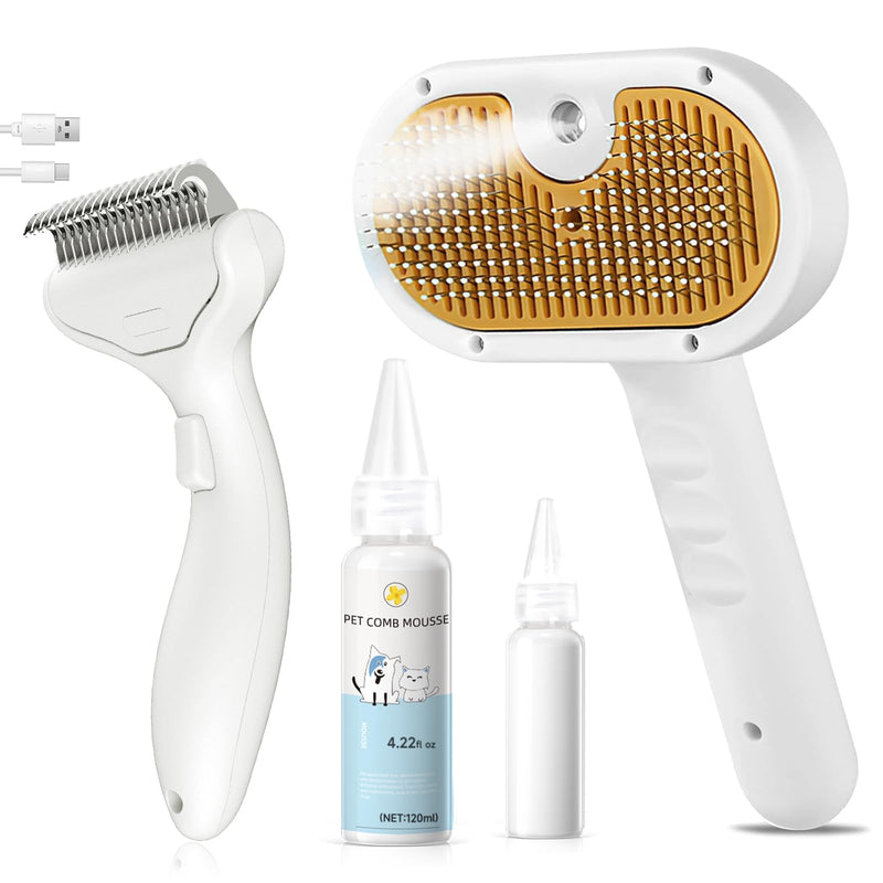 3-in-1 Pet Steam Brush Set for Dogs & Cats, Grooming Comb with Spray, Defur Tool, Water-Assisted Hair Removal, Spritz Brush, Multi-Purpose Kit, Undercoat Rake, Deshedding Brushes, Dematting Brush. 7.8"-Comb+Shampoo - PawsPlanet Australia