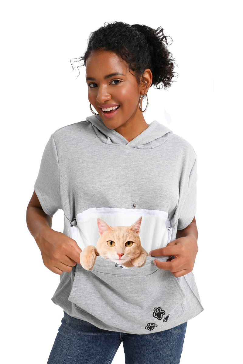 Cat Pouch Shirt Short Sleeve Kitten Puppy Holder Thin Hoodies Pet Carrier Sweatshirt for Women Light grey Medium - PawsPlanet Australia