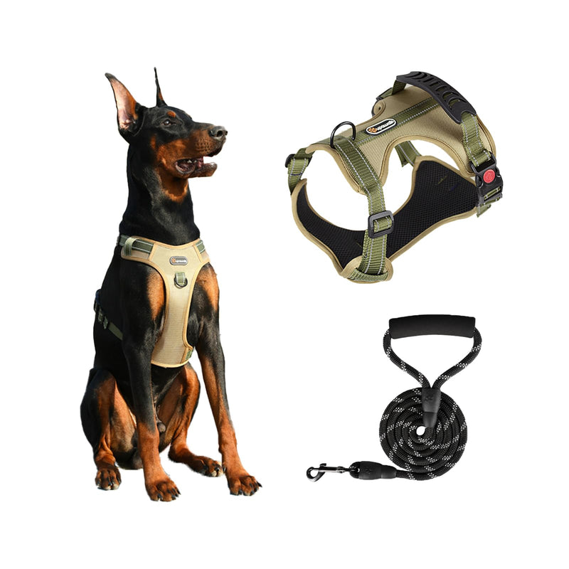 Tactical Dog Harness and Leash Set for Extra Large Dogs, No Pull Heavy Duty Pet Vest Collar with Handle, Reflective Walking Harnesses with Leashes, Anti Escape Chest Collars for Puppy XL KHAKI GREEN SET - PawsPlanet Australia
