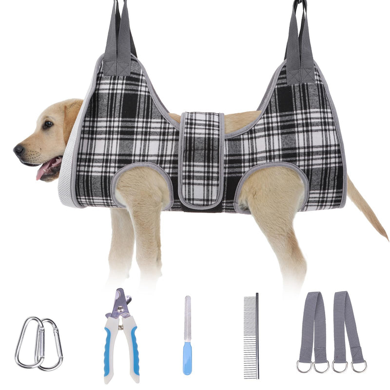 BEAUTYZOO Dog Grooming Hammock, Medium Dog Sling for Nail Trimming, Dog Hanging Harness for Claw Care with Thick Fabric Neck Support Wide Strap Restraint Cat Grooming Hammock, Black L L (Leg Spacing: 10.6-15" / Max W: 60lbs) Black & White - PawsPlanet Australia
