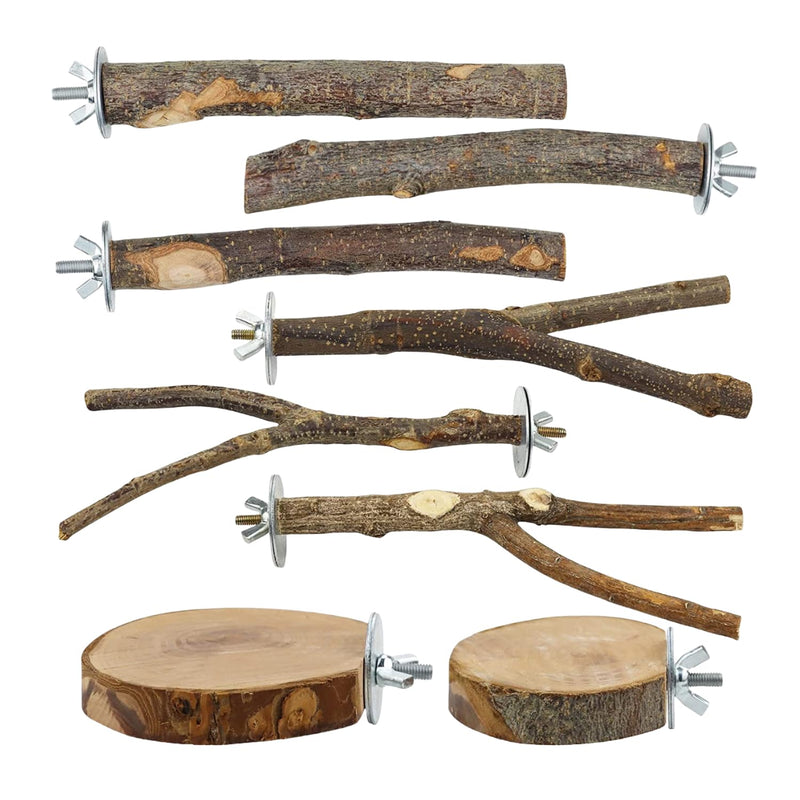 8-Piece Set Natural Wood Bird Perches - Wooden Parrot Stand with Fork Toys, Hanging Multi-Branch Platform, Hammock Swing - Suitable for Parakeets, Budgies - Durable Pet Bird Accessories - PawsPlanet Australia