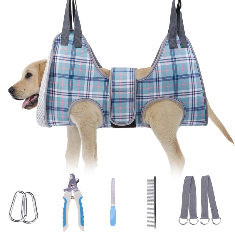 BEAUTYZOO Dog Grooming Hammock, Medium Dog Sling for Nail Trimming, Dog Hanging Harness for Claw Care with Thick Fabric Neck Support Wide Strap Restraint Cat Grooming Hammock, Blue L L (Leg Spacing: 10.6-15" / Max W: 60lbs) - PawsPlanet Australia