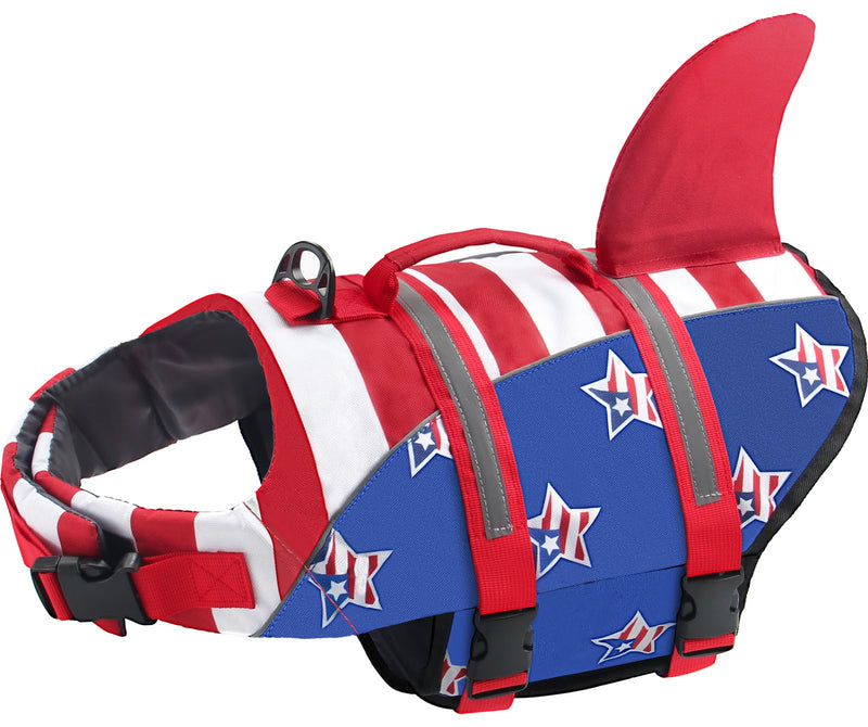 Dog Life Jacket, American Flag Ripstop Shark Dog Life Vest for Swimming & Boating, High Buoyancy Reflective Pet Vest with Rescue Handle, for X-Small/Medium/Large/X-Large Dogs (USA Flag, XS) - PawsPlanet Australia