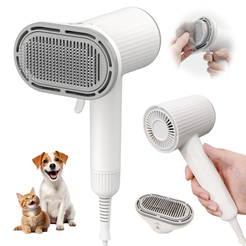 Dog Brush for Shedding, Professional 2-in-1 Pet Hair Dryer & Dog Grooming Brush with Removable Comb, Adjustable Temperature/Speed, Portable Brush for Dogs and Cats White