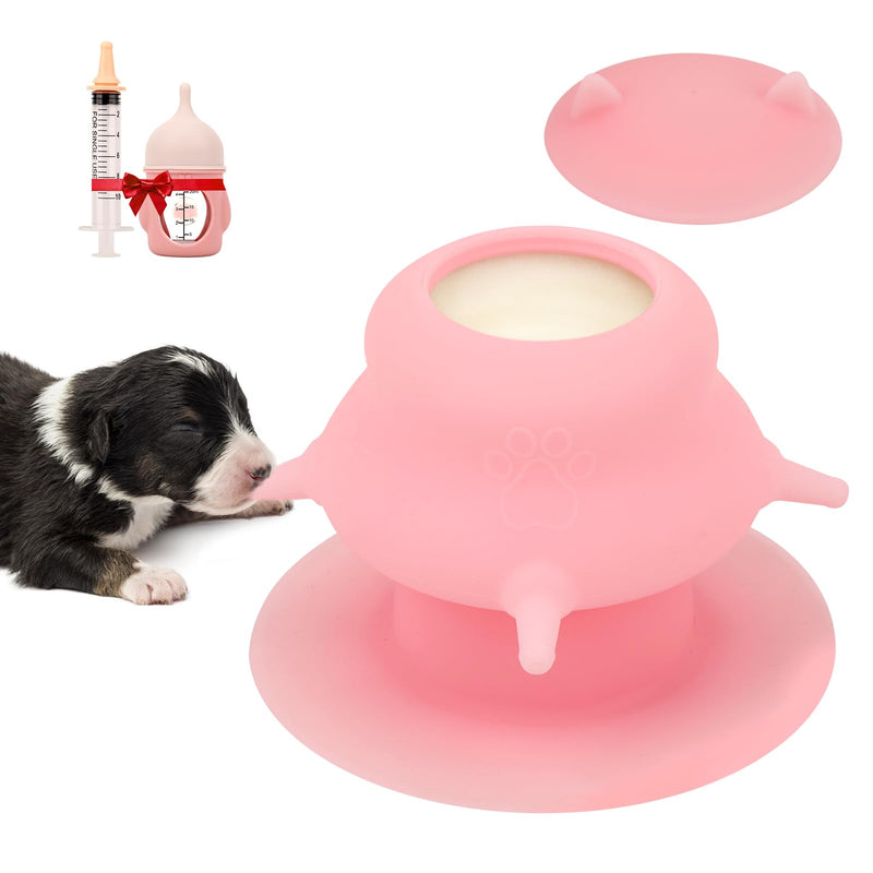 Puppy Milk Feeder,Dispenser Food Grade Silicone with 4 Dummy Nipples 230ml Capacity,Leak Proof Ideal Height Strong Suction,Puppy Milk Feeding Station for Newborn Dogs(Pink) pink - PawsPlanet Australia