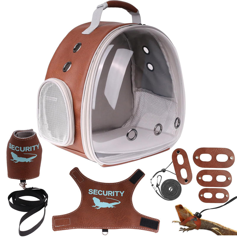 Bearded Dragon Carrier Backpack with Two Security Printing Harness with Leash Sets, Reptile Lizard Travel Bag to Carry and Transport Small Animal Kitten Bunny Guinea Pig to Vet(Brown, PU Leather) Brown - PawsPlanet Australia