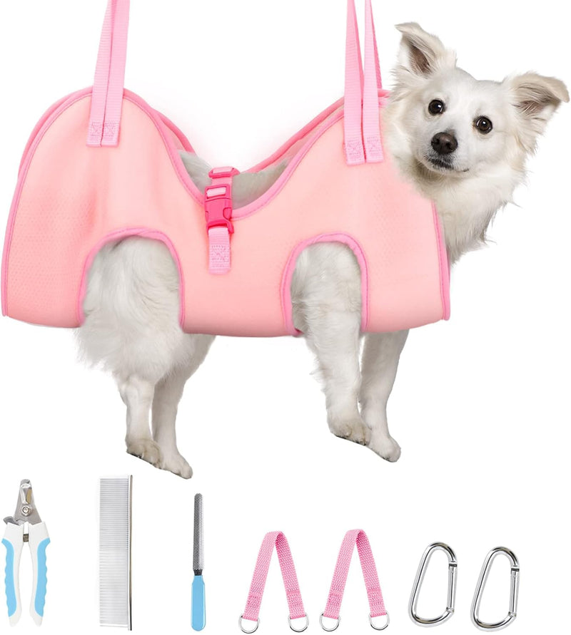 Supet Dog Grooming Hammock for Dog and Cat, Relaxation Pet Grooming Sling Helper, Breathable Pet Grooming Hammock for Nail Trimming, Ear/Eye Car with Nail Clippers/Trimmers/Scissors L（ Legs Spacing：10.6"-15" / Max W：70LBS） Pink - PawsPlanet Australia