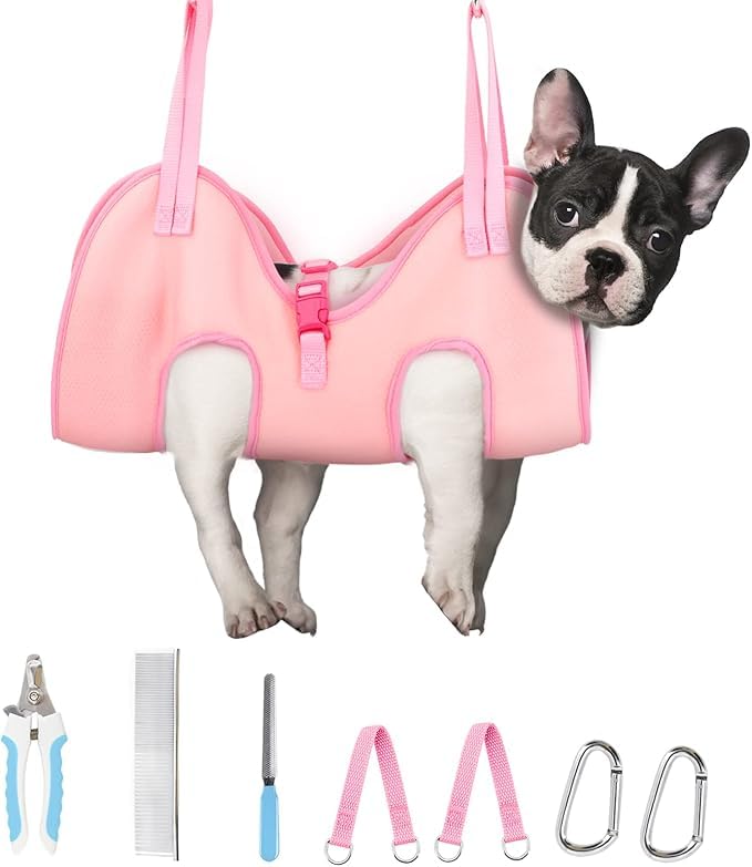 Supet Dog Grooming Hammock for Dog and Cat, Relaxation Pet Grooming Sling Helper, Breathable Pet Grooming Hammock for Nail Trimming, Ear/Eye Car with Nail Clippers/Trimmers/Scissors S（ Legs Spacing：7-10.5" / Max W：15-30LBS） pink - PawsPlanet Australia