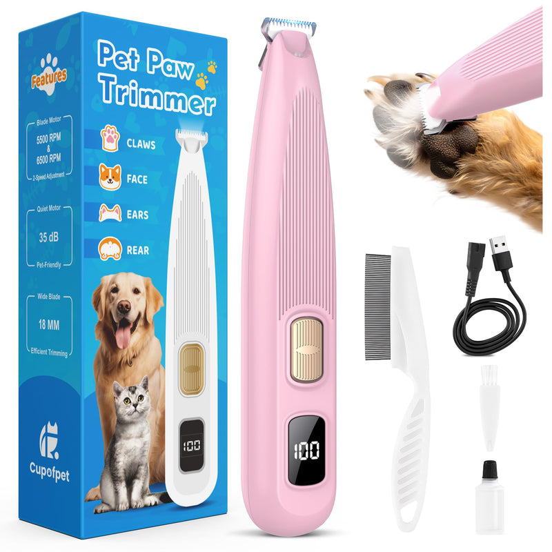 Dog Paw Trimmer with LED Light, 35dB Low Noise Precision Pet Paw Trimmer for Dogs Cats Grooming Clippers, 2 Speed Safety Electric Paw Hair Trimmer for Paws, Ears, Rump, Face, Eyes (Pink) Pink - PawsPlanet Australia