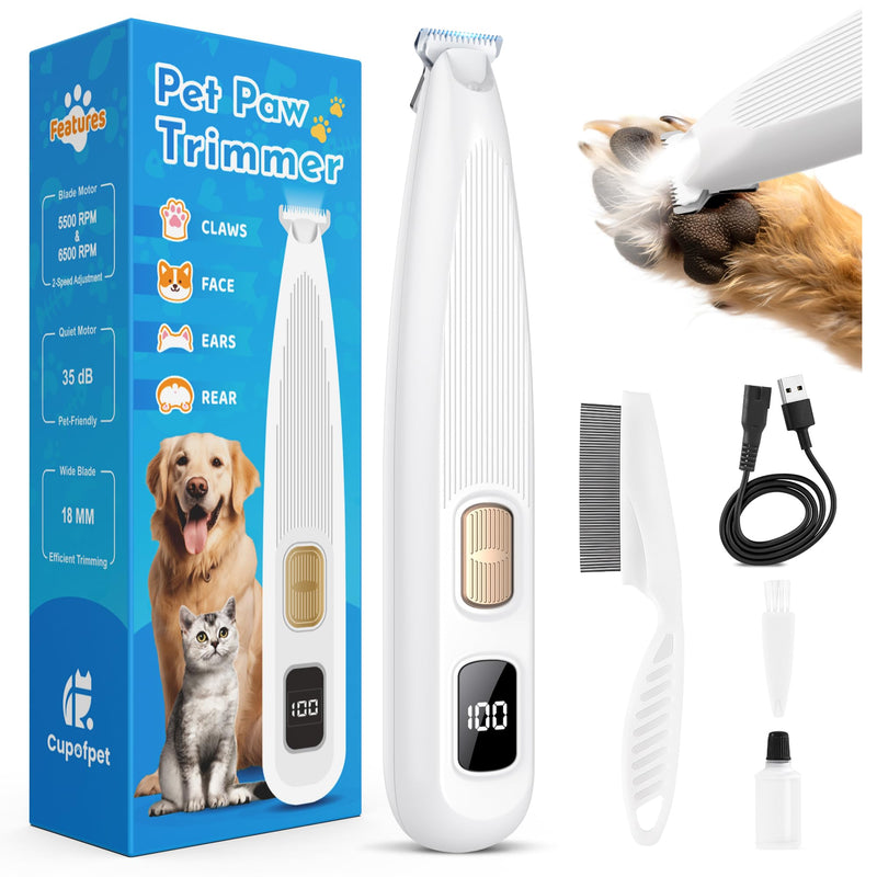 Dog Paw Trimmer with LED Light, 35dB Low Noise Precision Pet Paw Trimmer for Dogs Cats Grooming Clippers, 2 Speed Safety Electric Paw Hair Trimmer for Paws, Ears, Rump, Face, Eyes (White) White - PawsPlanet Australia