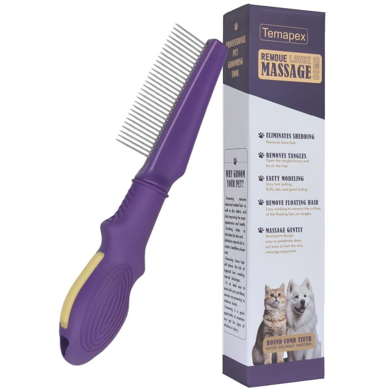 Pet Comb for Grooming Long Haired Cats & Dogs With Stainless Steel Metal Teeth for Shedding and Tangles, Non-slip & Anti-static rubber handle,Safe & Gentle Pet Grooming Comb Pet Detangling Comb