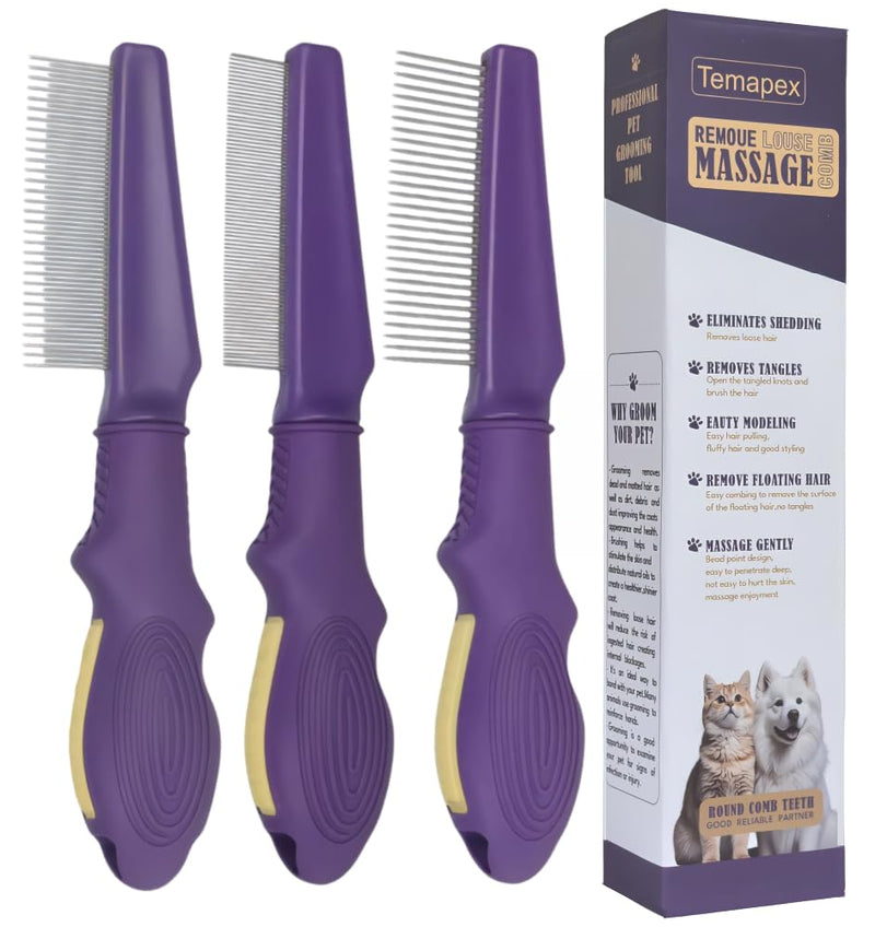 Temapex 3PCS Pet Comb for Grooming Long & Short Haired Cats & Dogs With Stainless Steel Metal Teeth for Removes Tangles & Flea, Non-Slip & Anti-Static Rubber Handle, Safe & Gentle Pet Detangling Comb + Flea Comb + Grooming Comb - PawsPlanet Australia